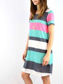 Boho Retro Rayon Cool Soft Summer Cuff Short Sleeve Crew Neck T Shirt Mini Dress Tunic With Pockets - 水藍色 - 查看 4