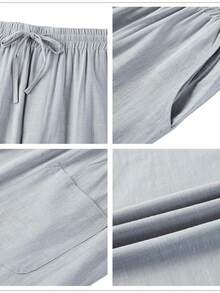Runcati Mens Casual Linen Pants Loose Fit Elastic Drawstring Waist Straight-Legs Summer Yoga Beach Long Pants - 灰色 - 查看 5