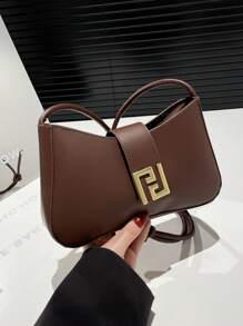 1 Peça Marrom Pu Liso Zíper E Decoração De Metal Bolsa De Ombro Versátil Casual, Adequada Para Uso Diário Feminino