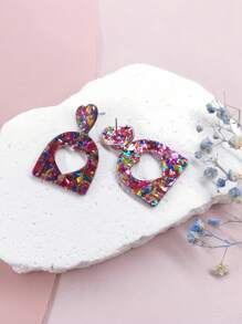 1 Pair Of [Retro Sweet] Geometric Love Sparkling Pink Earrings For Women With Exaggerated Hollow Out Earrings, Exquisite And Sweet Earrings, Elegant Long Earrings