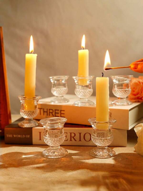 6 قطع حاملات شمع زجاجية شفافة، مخروطية الشكل ذات قاعدة مزخرفة بالألماس والزهور، مناسبة للزفاف وديكور غرفة المعيشة والمطاعم، ديكور مركزي للطاولات