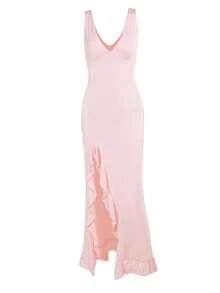 1pc Women's Elegant Fitted V-Neck Ruffle Trim Side Split Slip Dress - Pink - View 3