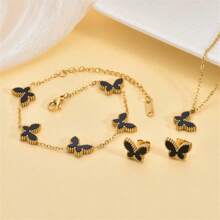 4PCS Stainless Steel Double-Sided Butterfly Necklace Bracelet Earrings Set, Elegant Style, 18K Gold Plated Accessories, Women's Jewelry Set, Multiple Colors.