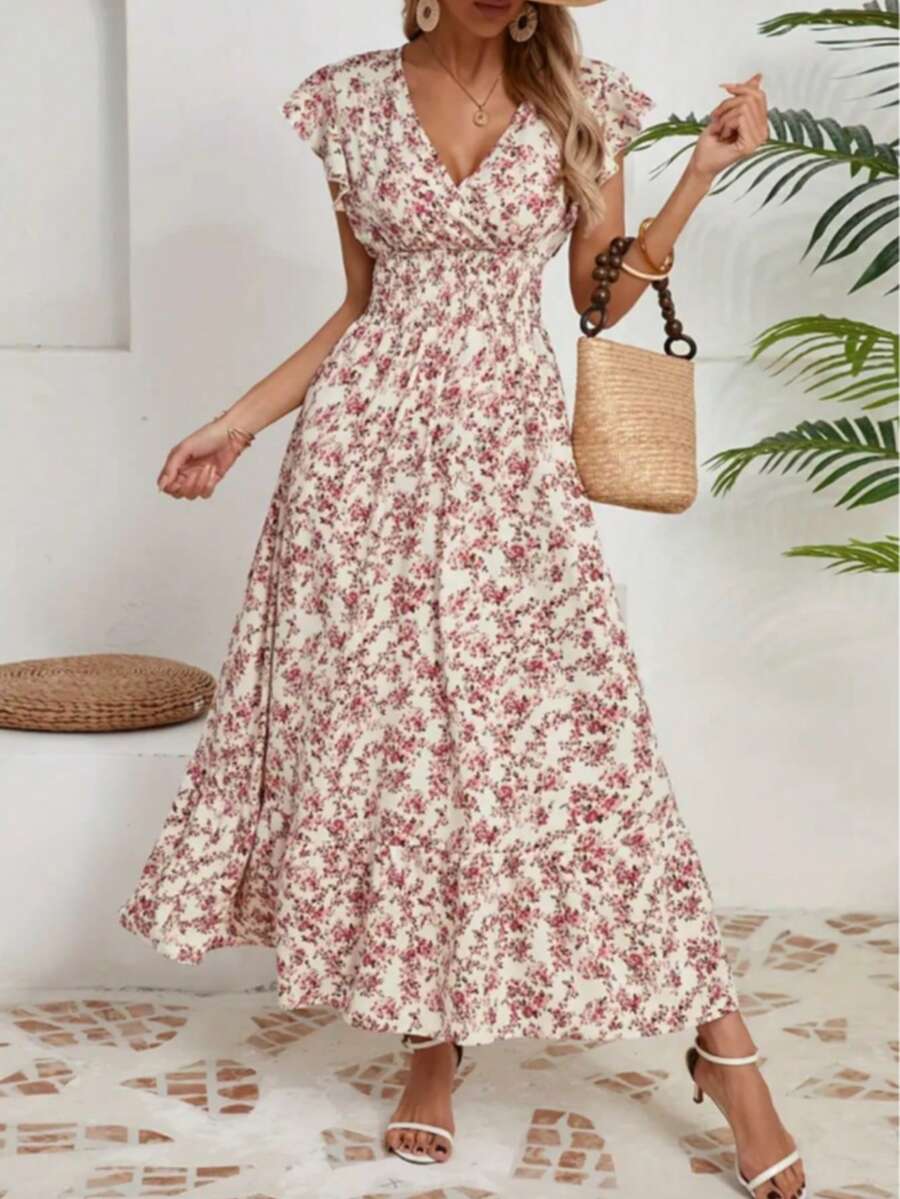 Printed Tie Waist A-Line Dress With Ruffle Hem, Vacation Style Short Sleeve Dress - Apricot - View 1