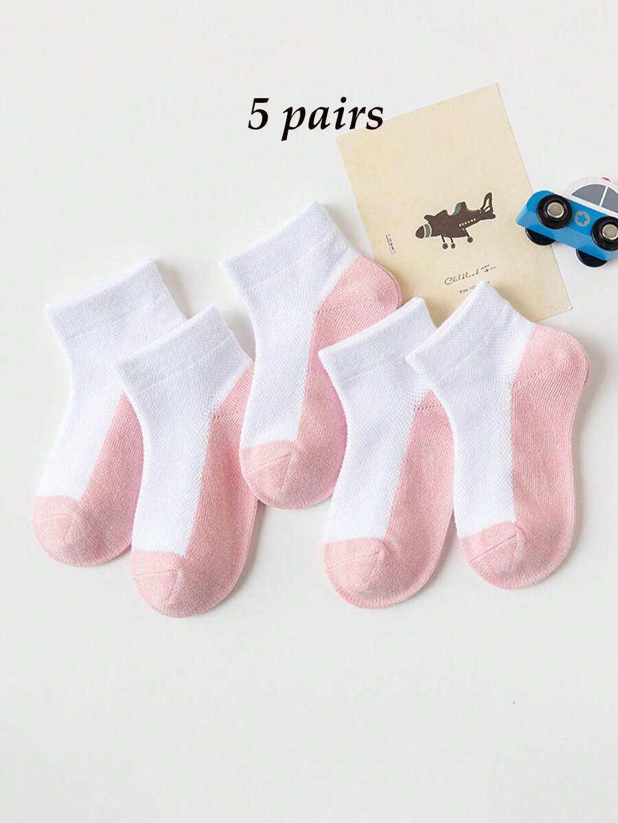 5 Pairs White/Pink Contrast Color Kids Socks, Pink Base Student Mesh Socks For Boys And Girls, Short Socks For Back To School, Christmas