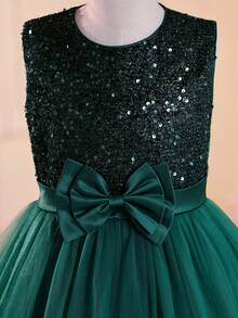 Girls Dress Floral Princess Tulle Dress For Children, Wedding Party Flower Girl Dress, Stage Performance Puff Skirt - Dark Green - View 6