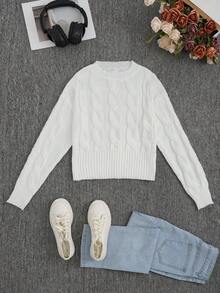 秋冬时尚新款针织毛衣，法式女式套头毛衣，编织，麻花，绳，返校服装，时尚，教师，70 年代毛衣教师毛衣，圆领，落肩长袖，女士休闲落肩麻花针织长袖套头毛衣，适合外套 - 白色 - 查看 1