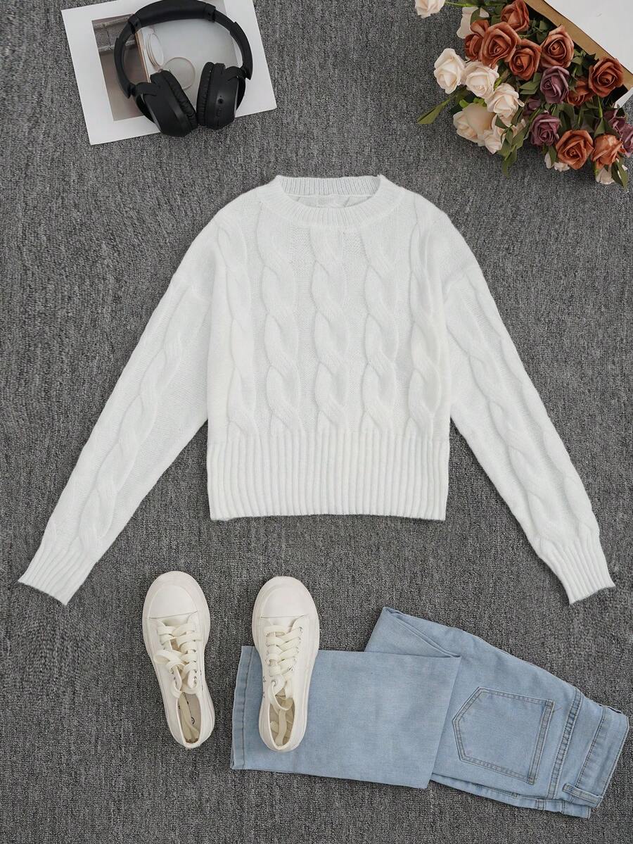 秋冬时尚新款针织毛衣，法式女式套头毛衣，编织，麻花，绳，返校服装，时尚，教师，70 年代毛衣教师毛衣，圆领，落肩长袖，女士休闲落肩麻花针织长袖套头毛衣，适合外套 - 白色 - 查看 1