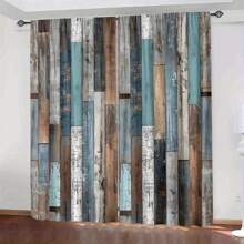 2pcs Polyester Retro Faux Wood Grain Print Light Filtering Curtains, Suitable For Bedroom, Living Room, Office And Home Decor, Rod Pocket Design, Fits Curtain Rod