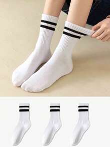 3/6pairs Women Striped Pattern Casual Crew Socks, For Daily Life, Fall Socks