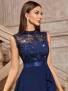 MIUSOL Turtleneck Sequin Floral Lace Sleeveless Ruffle Hem Cocktail Party Dress - Navy Blue - View 8