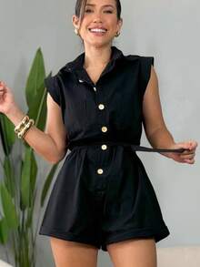 Women's Clothing/ Rompers/ Headband/ Linen - Black and White - View 2