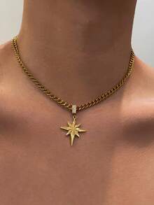 1 件金色星星不锈钢不褪色小众设计锁骨链高端酷炫风格毛衣链欧美饰品派对配饰派对珠宝男友礼物情人节礼物父亲节礼物 - 彩色 - 查看 2