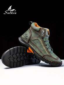 Salkin Botas de tobillo de moda cosidas a mano para hombre, zapatos casuales con cordones, resistentes al deslizamiento y transpirables, con Top de PU, aptos para deportes al aire libre, conducción diaria, uso en primavera, otoño e invierno. Disponibles en azul, negro, verde, caqui y dorado. Tallas grandes para hombre 45, 46, 47, 48