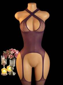 1pc Women's Purple Fishnet Sheer Bodystocking, Elastic Sexy See-Through Lingerie With Open Crotch, Sensual Fashion, Exotic Costume For Valentines, Sexy Jumpsuit