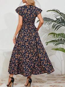 Floral Print Drawstring Waist A-Line Dress With Ruffle Hem Short Sleeve, Vacation Style - Navy Blue - View 2