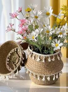 1 pieza Cesta de plantador de paja de mar tejida a mano - Maceta plegable para interiores/exteriores, decoración del hogar bohemia. Cesta de plantador de paja de mar, Cesta de paja de mar con flecos, Cesta de planta plegable, Plantador de paja de mar