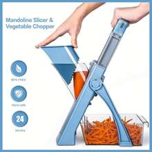 [5 In 1] Safe Mandoline Slicer For Kitchen | 5 In 1 | Vegetable Chopper, Mandolin Potato Slicer With Thickness Adjuster, French Fry Cutter, Veggie Dicer | Faster Kitchen Slicer For Meal Prep | Blue/Greener