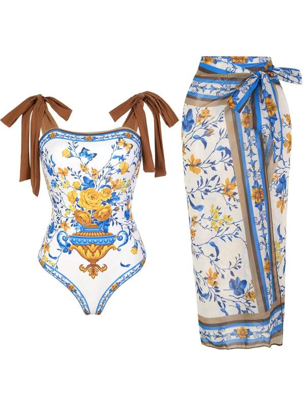 Sexy One-Piece Swimsuit With Skirt, Fashionable Beach Coverup Bathing Suit For Summer, Vacation, Slimming, Modest Style