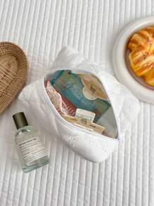 Bolsa de maquillaje de encaje blanco con lazo patrón,neceser de viaje organizador con cremallera, bolsa de cosméticos acolchada, bolso de maquillaje plegable y elegante para brochas, bolsa de cosméticos estética como regalo.