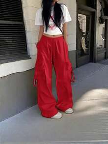 街头高腰翻盖口袋抽绳腰部弹性下摆褶饰休闲阔腿降落伞工装裤 Y2K 音乐节