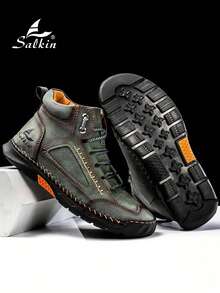 Salkin Botas de tobillo de moda cosidas a mano para hombre, zapatos casuales con cordones, resistentes al deslizamiento y transpirables, con Top de PU, aptos para deportes al aire libre, conducción diaria, uso en primavera, otoño e invierno. Disponibles en azul, negro, verde, caqui y dorado. Tallas grandes para hombre 45, 46, 47, 48