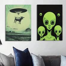 1pc /3PCS Wall Arts Posters Optinal Frame Pop UFO UFO Alien Drink Coffee Art Print Poster Cow Canvas Print Print Vintage Sci-Fi Wall Art Funny Home Decor
