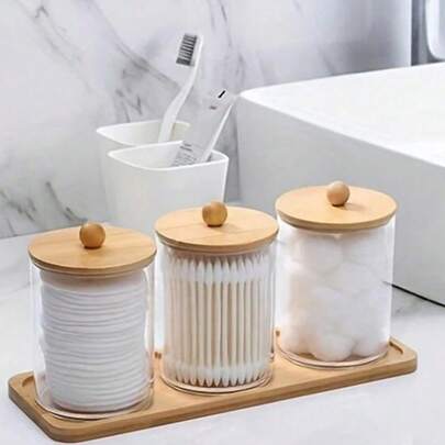 Bộ 3 Giá Đựng Tăm Bông Sạch Kèm Khay, Được Thiết Kế Đặc Biệt Để Sắp Xếp Và Lưu Trữ Vật Dụng Phòng Tắm. Những Hũ Nhựa Trong Suốt Có Nắp Gỗ Này Hoàn Hảo Để Lưu Trữ Bóng, Tăm Bông Sạch Và Chỉ Nha Khoa. Phụ Kiện Phòng Tắm - Đồ Đựng Đồ Phòng Tắm Cho Mùa tựu Trường