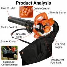 Professional Gasoline Leaf Blower And 2-In-1 Garden Vacuum With 700 Watts Of Power (Powerful And Reliable Two-Stroke Engine With 26 Cc Displacement, Gasoline Blower Convertible To A Garden Vacuum And Leaf Shredder), With Collection Bag And Pipes For Easy Handling - màu đen - Xem 5