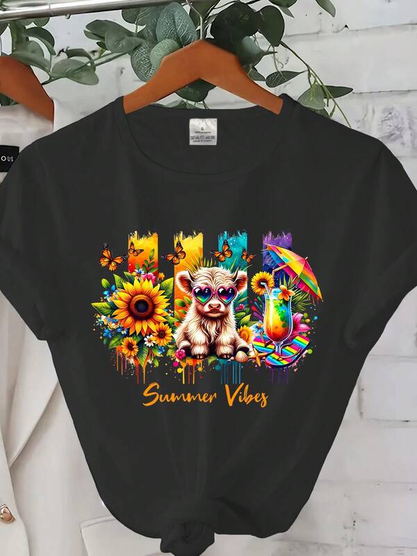 Camiseta de mujer de manga corta y cuello redondo con estampado gráfico en la pantorrilla, camiseta de verano informal para mujer