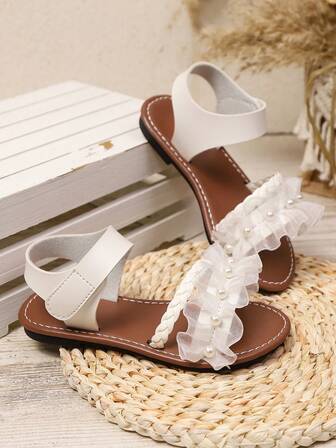 1 双加大码黑色幼儿/小女孩平底凉鞋，饰有闪亮珍珠和蝴蝶装饰，松紧带，圆头，防滑，时尚可爱的罗马风格凉鞋，适合 3-15 岁女孩，日常、派对、度假、休闲穿着，2025 年新品