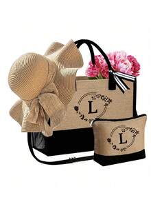 3pcs/Set Women'S Beach Tote Bag With Shoulder Straps,With Women'S Beach Hat And A Makeup Bag,Letter A-Z Beach Accessories Bag,Personalized Gift Bag With Side Pockets, Beach Bag With Scarf, Women'S Khaki Wave Beach Sun Hat - Khaki - View 26