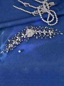 1pc Minimalist Elegant Alloy Leaf Decor Hair Comb With Rhinestone Accent, Suitable For Daily Decoration, Wedding, Birthday Party