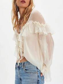 Womens Flowy Bow Front Tie Top Long Sleeve Peplum Lace Trim Chiffon Shirt Sheer V Neck Boho Ruffle Beach Blouse - 白色 - 查看 4