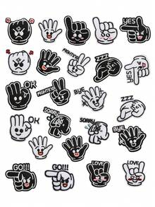 12/24pcs Cute Black & White Hand Gesture Iron-On Patches DIY Clothes Backpack Decoration Applique Embroidered Badges - Multicolor - View 9