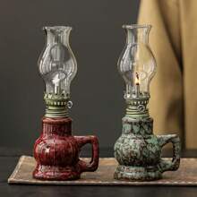 1pc Ceramic Kiln-Fired Glaze Oil Lamp With Handle And Shade, Adjustable Wick Camping Oil Lamp, Indoor Ceramic Oil Lamp Candlestick, Oil Lamp/Hurricane Lamp With Fire Control Knob, Suitable For Christmas, Easter, Ramadan, Valentine's Day, Gifts