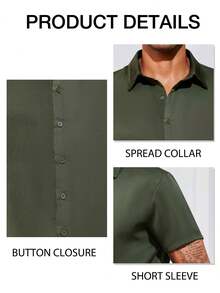 Runcati Mens Luxury Satin Silk Dress Shirts Casual Button Down Short Sleeve Prom Party Wedding Shirt - 軍綠色 - 查看 5