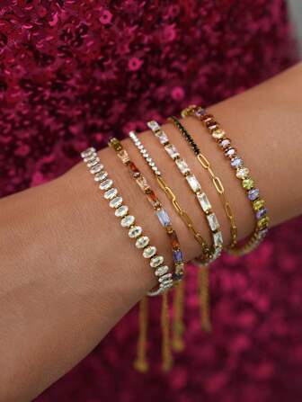 Frminee 1 PC For Women's Stylish And Colorful 18k Gold-Plated Cubic Zirconia Tennis Bracelet With Unique Design, Sweet, Fresh And Adjustable, It Is A Multi-Functional Accessory For Women To Wear Every Day