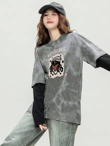 JUTU 春秋新款卡通人物印花休闲宽松长袖T恤 - 409煙灰拼黑-878 - 查看 2