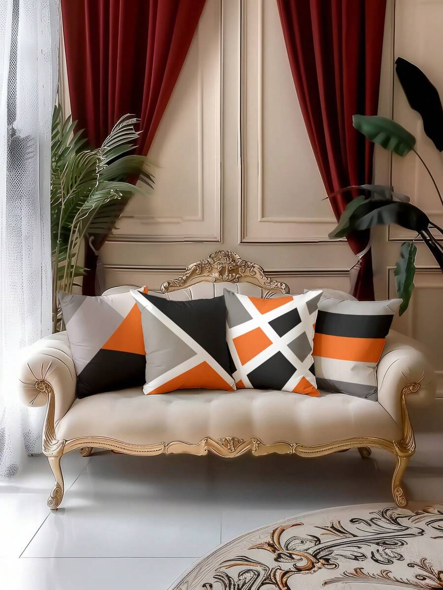 4pcs Velvet Soft Touch Geometric Printed Decorative Throw Pillow Covers, Home Decor Cushion Covers For Sofa, Living Room, Bedroom, No Pillow Insert - Multicolor - View 1