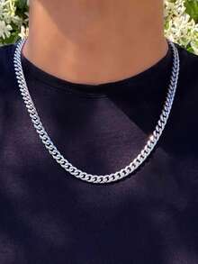 1pc Fashion Men's Stainless Steel Cuban Chain Necklace Simple Design - 6mm Silver Links, Fashion Accessories Daily Wear Necklace - A - View 3