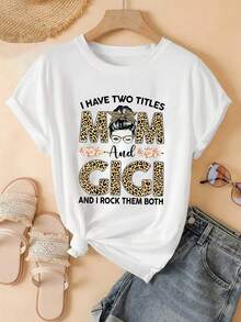 Minimalist Stylish Letter Leopard Print Crew Neck T-Shirt - White - View 4