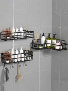 1pc, Bathroom Bathroom Wall Shelf Without Punching Shampoo Bath Toothpaste Hanging Iron Storage Shelf Corner Tripod Back To School