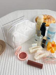 Bolsa de maquillaje de encaje blanco con lazo patrón,neceser de viaje organizador con cremallera, bolsa de cosméticos acolchada, bolso de maquillaje plegable y elegante para brochas, bolsa de cosméticos estética como regalo.