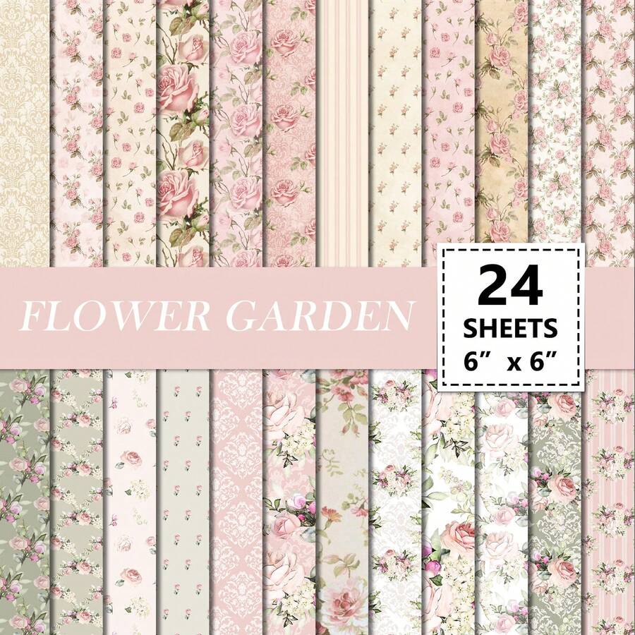 24pcs 6'x6' Pink Roses Flower Scrapbook Paper, Spring Vintage Floral Craft Prints, Vision Board Diy Crafts Kit, For Junk Journaling And Valentine's Day Party Decoration Supplies,School Supplies,Back To School