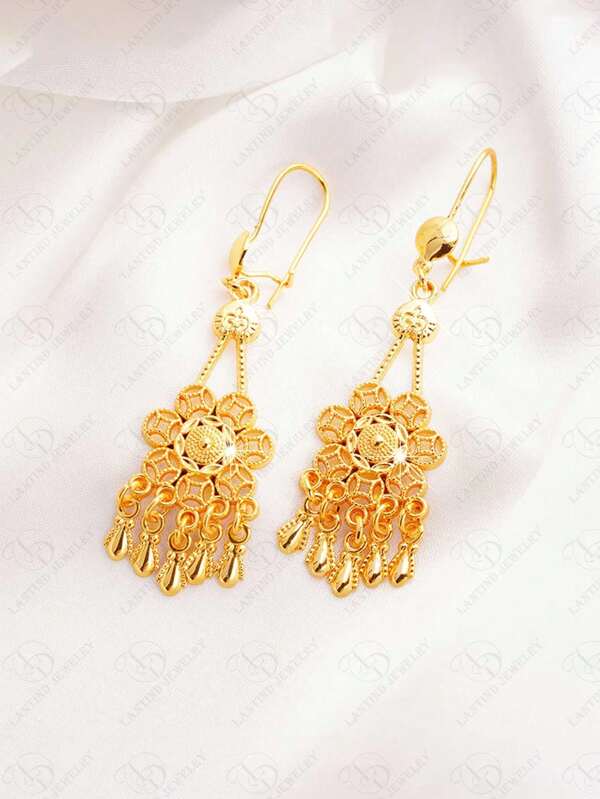 Dubai Fashionable Women's Hollow Flower Plated Gold Middle Eastern New Year Wedding Tassel Earrings, Gift For Party