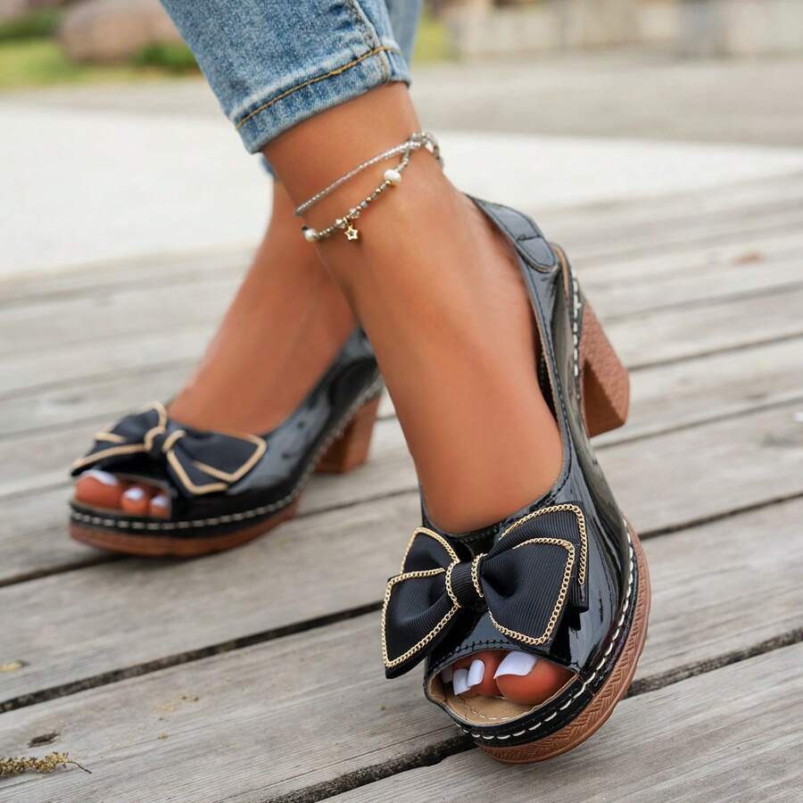 Sandalias elegantes de tacón alto con lazo de moda 2025, adecuadas para fiestas y uso al aire libre, correa tipo tick chunky para tacones abiertos y dedos de los pies, estilo clásico casual de verano
