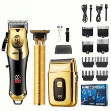 WEEME 3-Piece Professional Gold-Color Men's Grooming Kit: Electric Shaver And Trimmer Combo, Precise Haircut And Shave, Stylish Gold Design, Suitable For Hair, Beard And Face Trimming, USB Rechargeable, Powerful Battery, Lightweight And Convenient For Home And Travel, Ideal Personal Care Tool And Gift