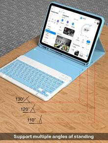 适用于 iPad 5/6/7/8/9/10、Pro 11、Air 1/2/3/4/5/6 的无线键盘鼠标套装，包含可拆卸无线键盘（150mAh 电池）和带笔槽的保护套 - 浅蓝色
