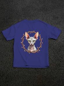 Sphynx Cat Illustration Pure Cotton Men's T-Shirt Comfort Fit - 藍色 - 查看 1